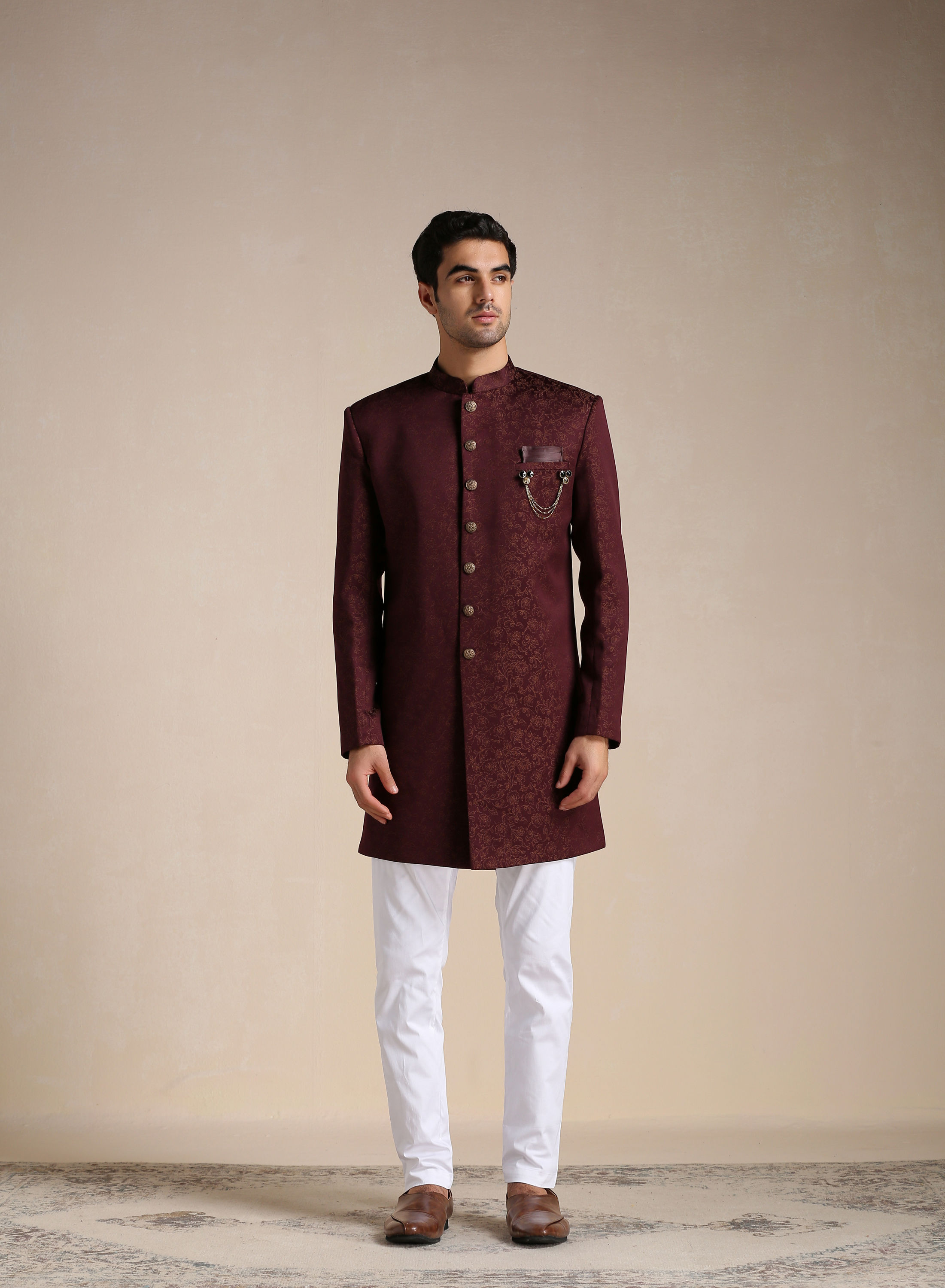 Manyavar Men Cabernet Red Floral Motif Indo Western Set