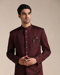 Manyavar Men Cabernet Red Floral Motif Indo Western Set