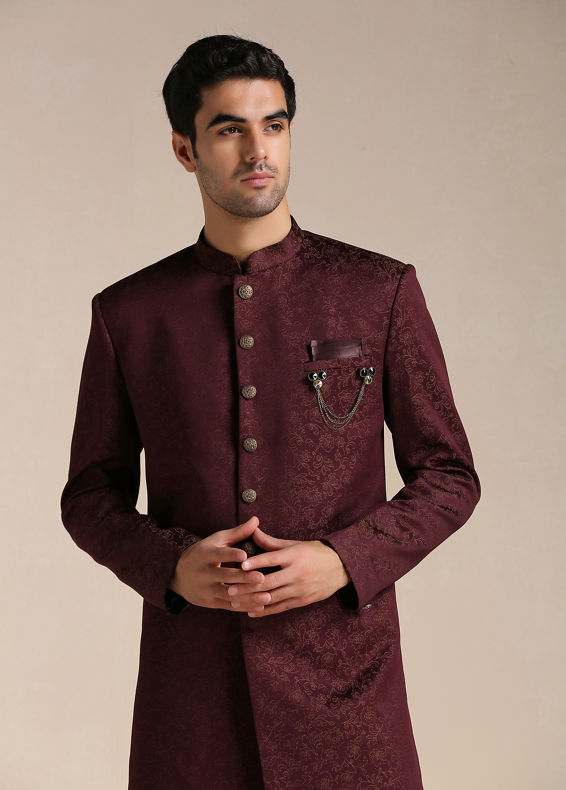 Manyavar Men Cabernet Red Floral Motif Indo Western Set