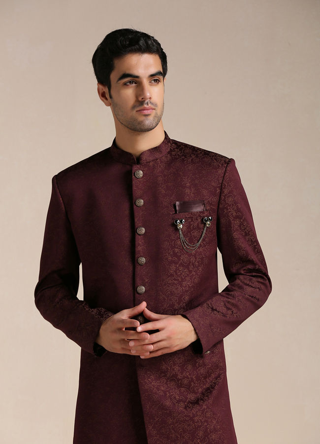 alt message - Manyavar Men Cabernet Red Floral Motif Indo Western Set image number 0