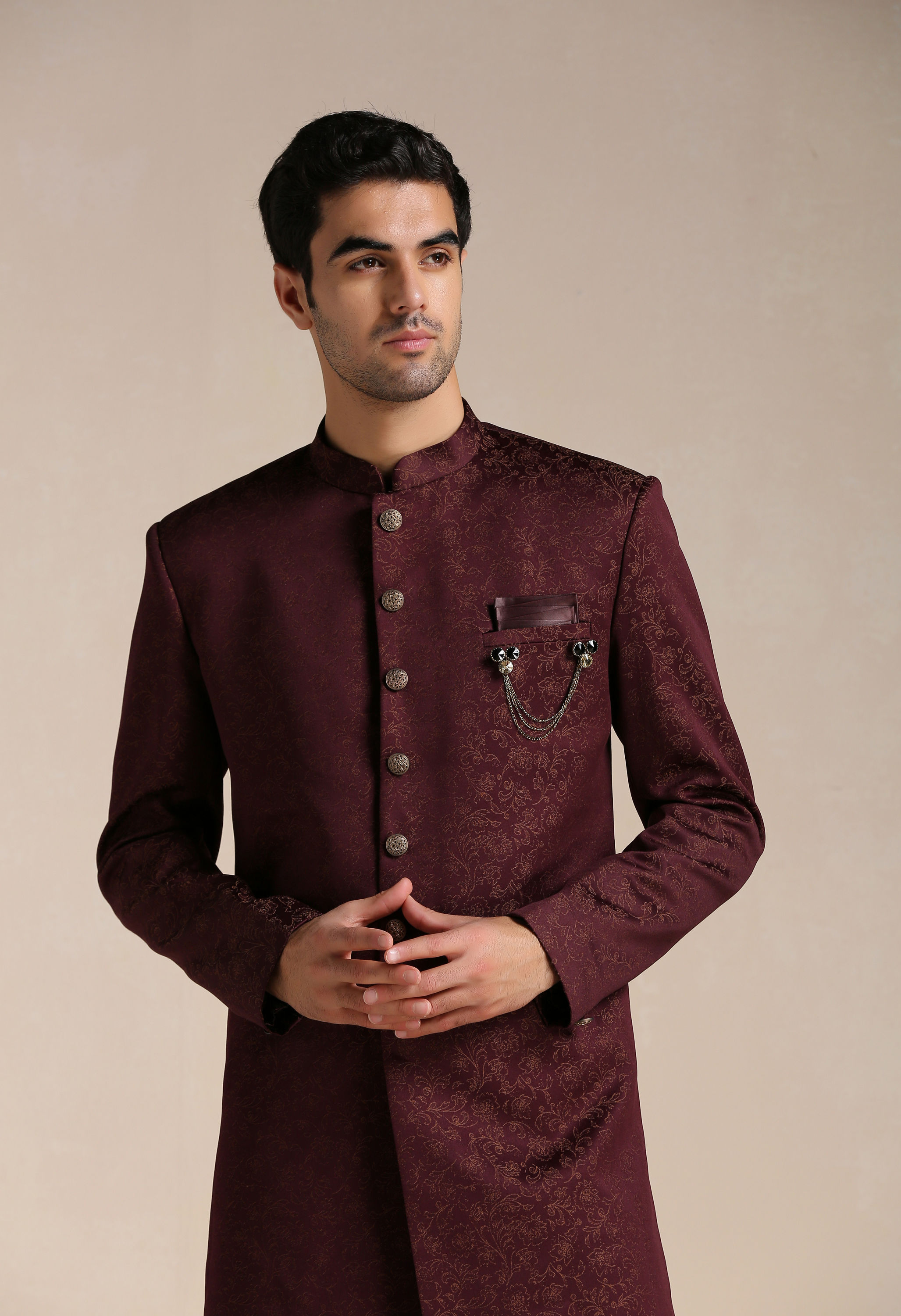 Manyavar Men Cabernet Red Floral Motif Indo Western Set