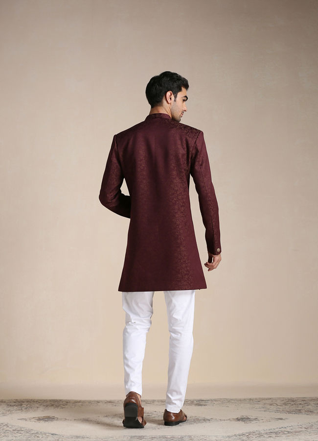 Manyavar Men Cabernet Red Floral Motif Indo Western Set