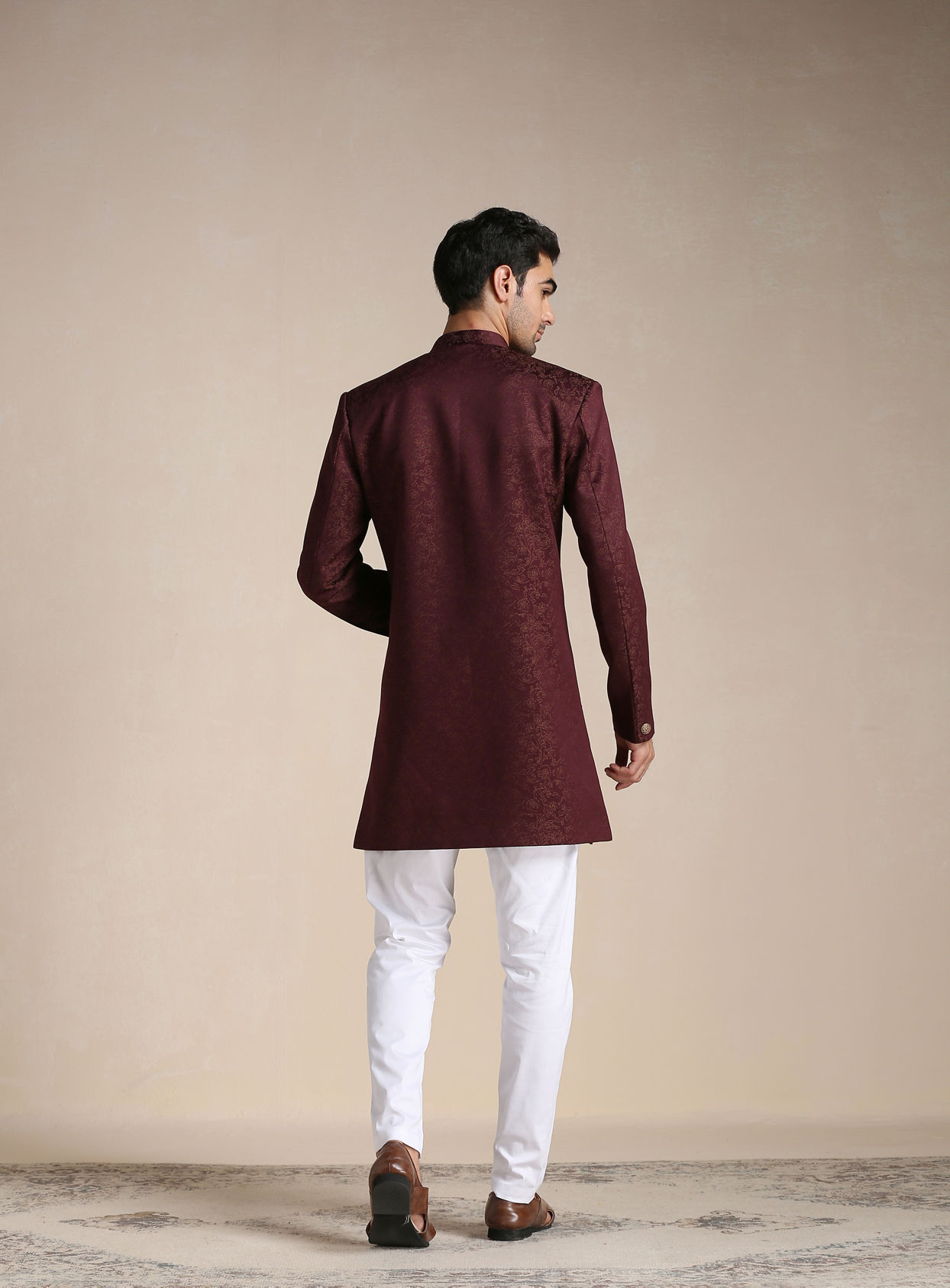 Manyavar Men Cabernet Red Floral Motif Indo Western Set