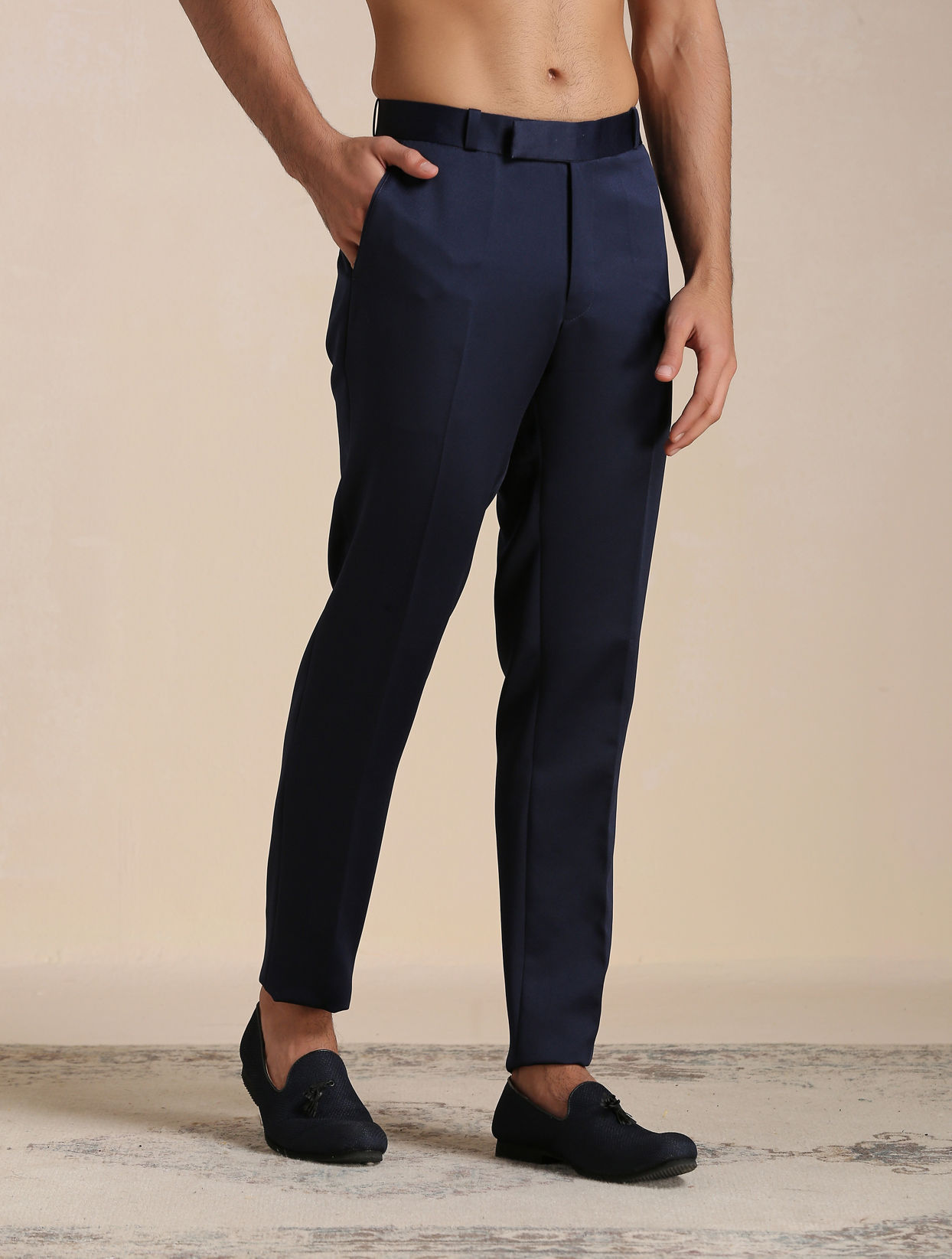 Manyavar Men Navy Blue Self Patterned Indo Western Set