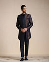 Manyavar Men Navy Blue Self Patterned Indo Western Set