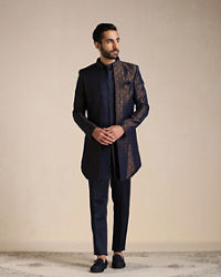 Manyavar Men Navy Blue Self Patterned Indo Western Set