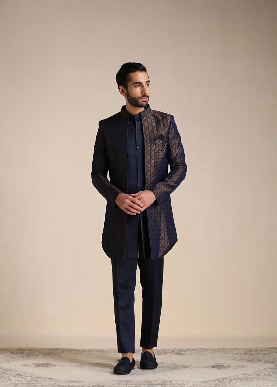 Manyavar Men Navy Blue Self Patterned Indo Western Set