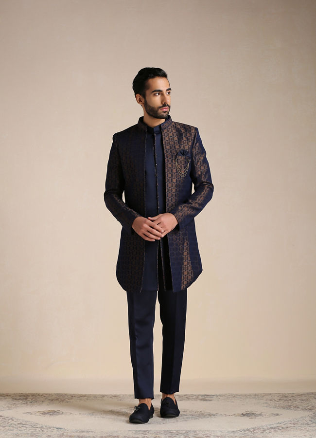 Navy Blue Self Patterned Indo Western Set image number 1