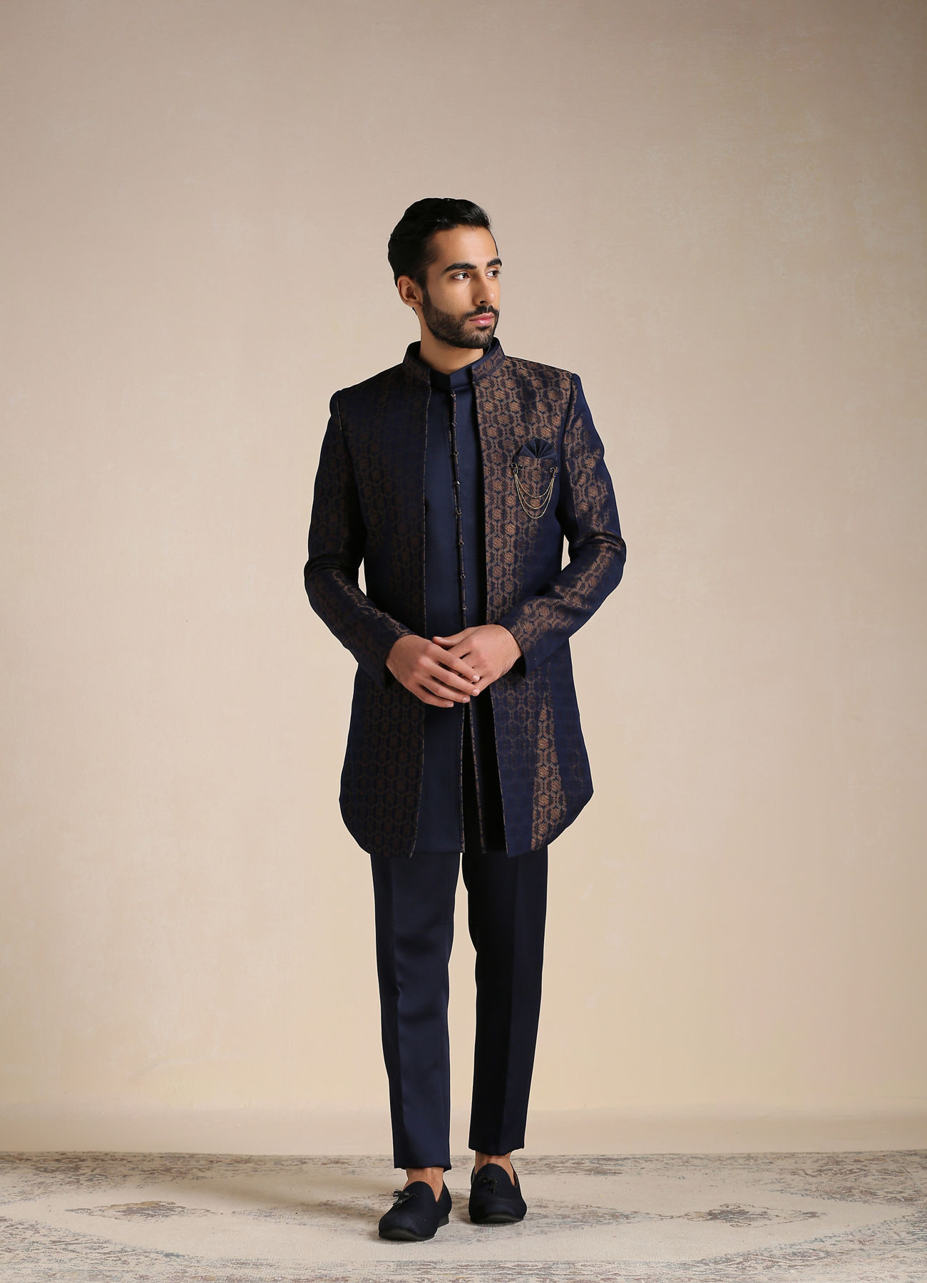 Manyavar Men Navy Blue Self Patterned Indo Western Set