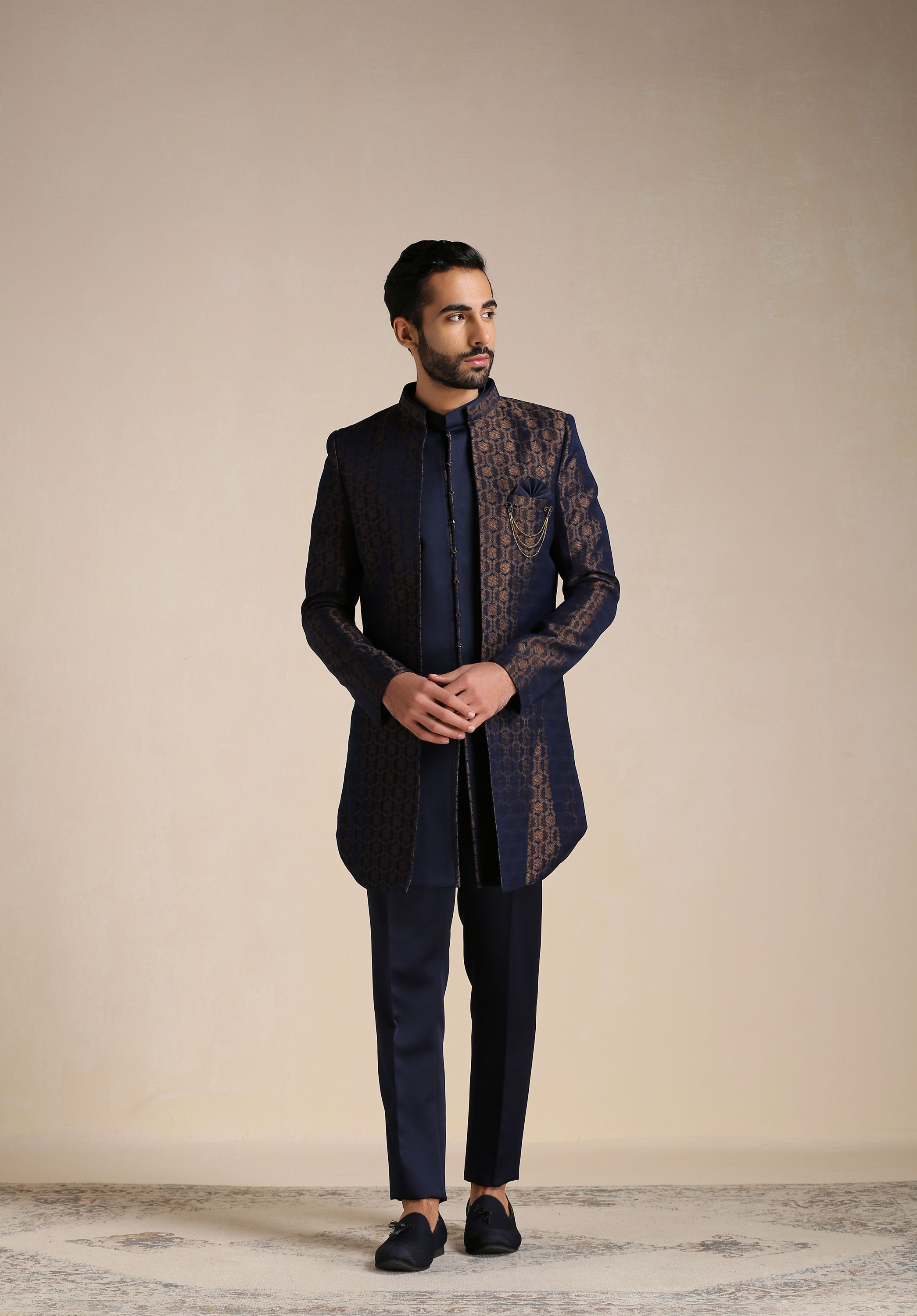 Manyavar Men Navy Blue Self Patterned Indo Western Set