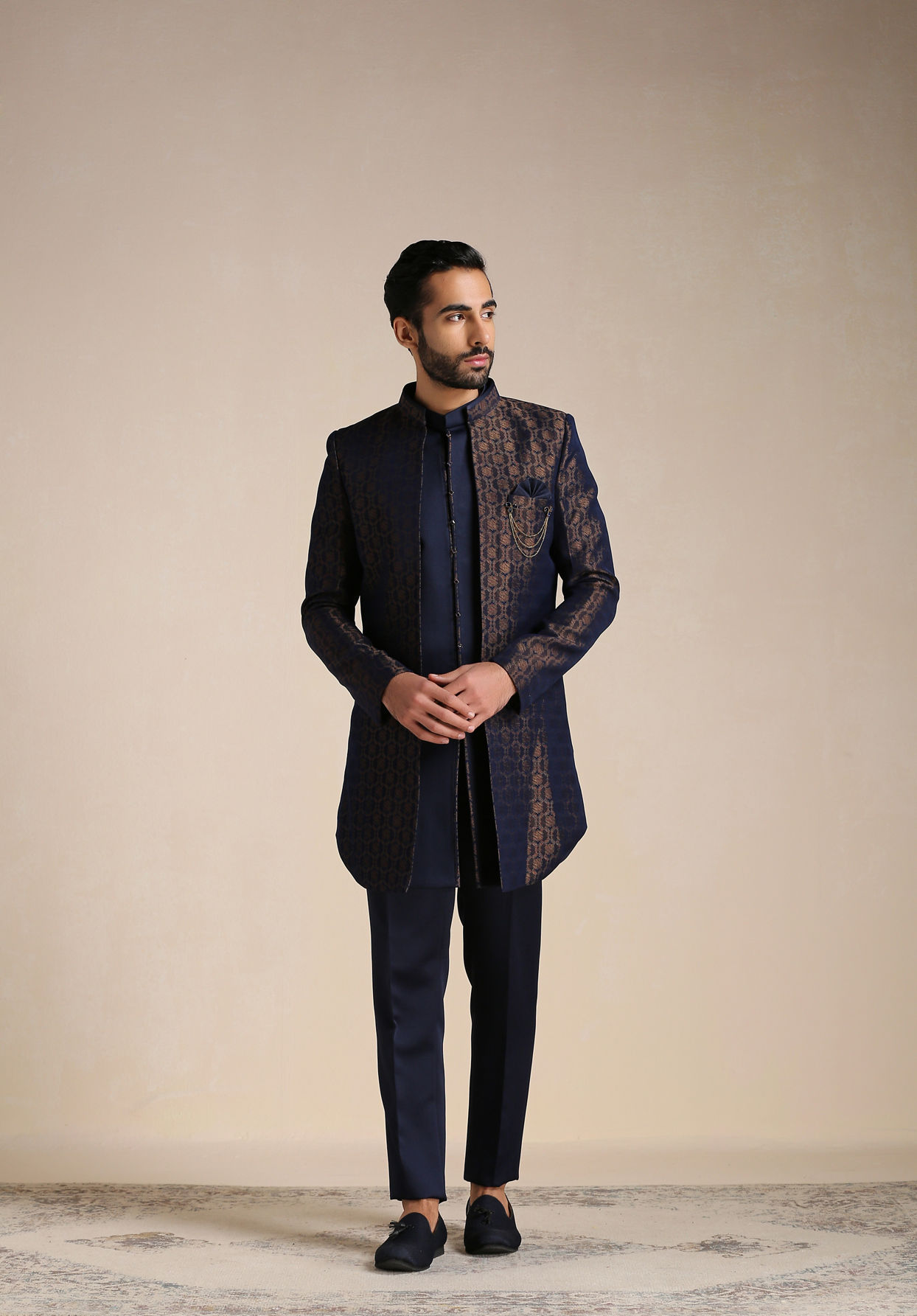 alt message - Manyavar Men Navy Blue Self Patterned Indo Western Set image number 1