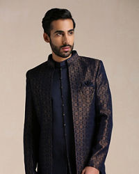 Manyavar Men Navy Blue Self Patterned Indo Western Set