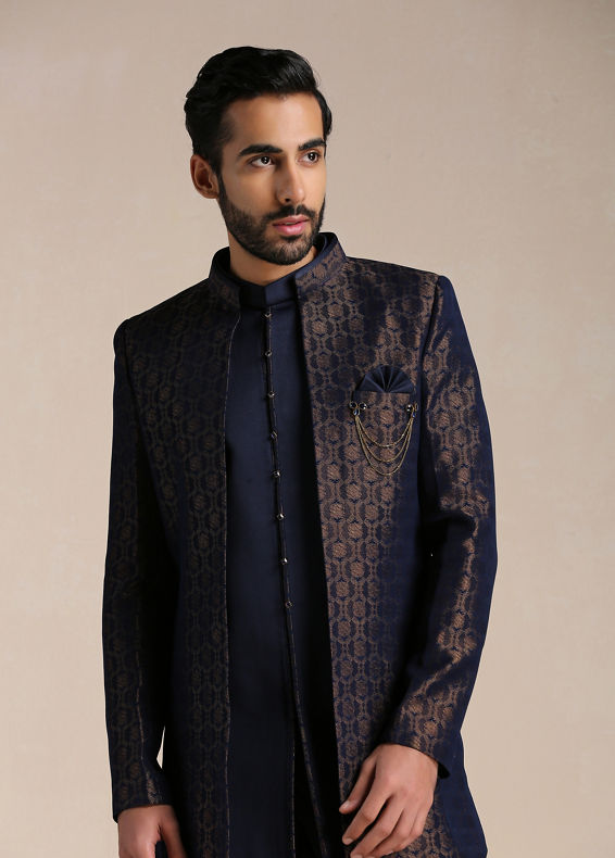 Manyavar Men Navy Blue Self Patterned Indo Western Set