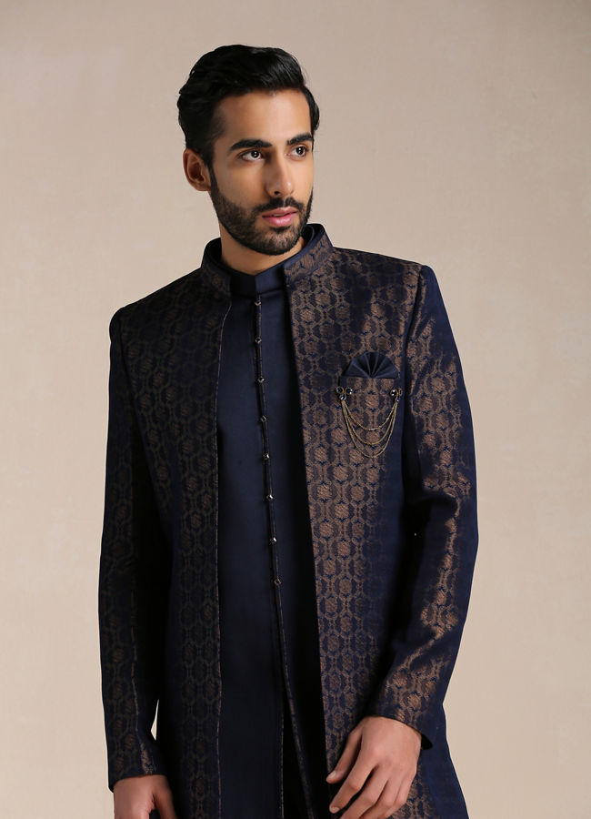 alt message - Manyavar Men Navy Blue Self Patterned Indo Western Set image number 0