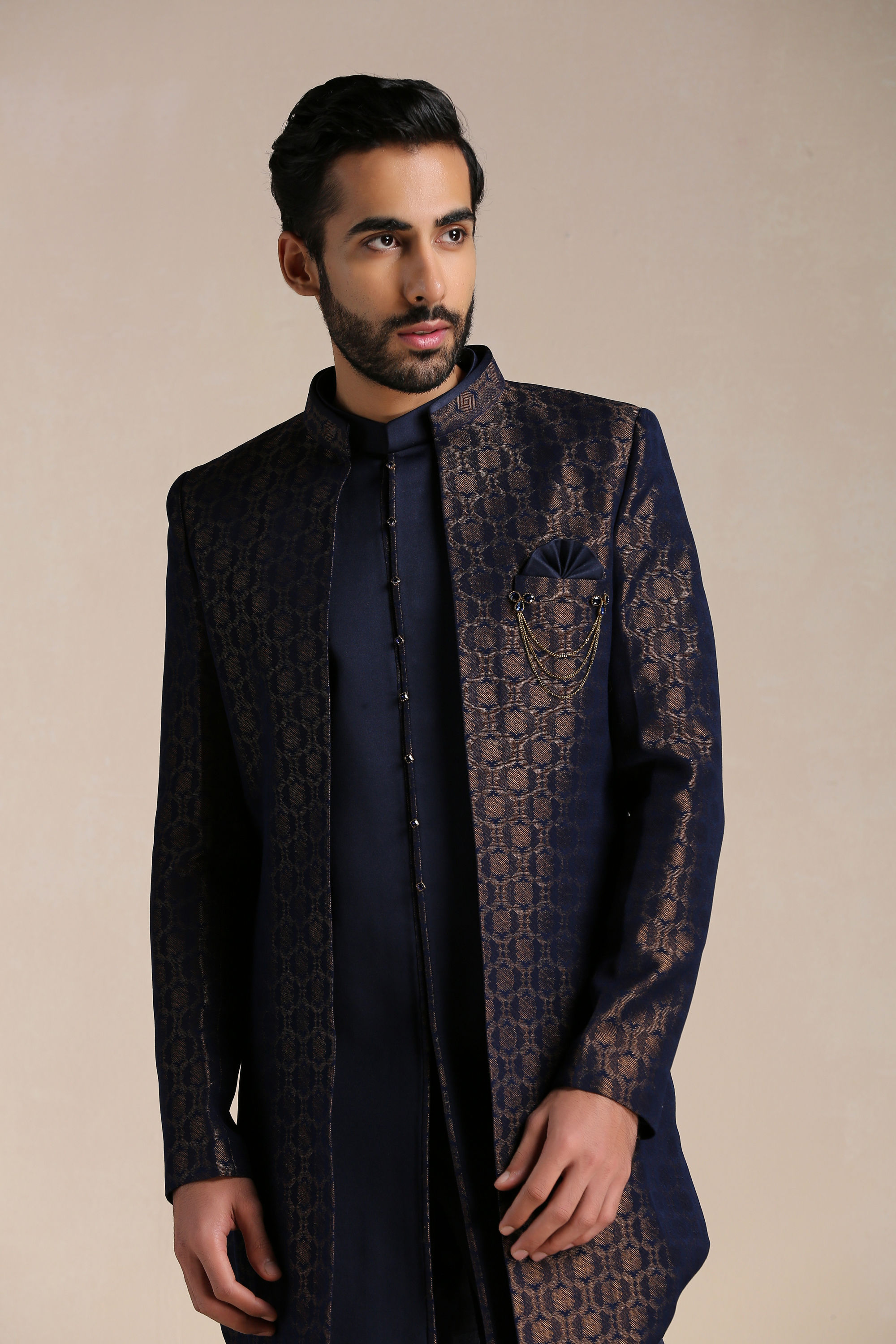 Manyavar Men Navy Blue Self Patterned Indo Western Set