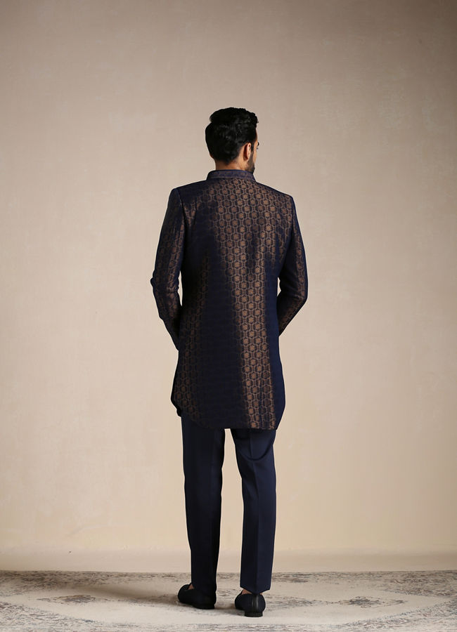 Navy Blue Self Patterned Indo Western Set image number 3