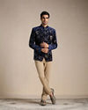 Manyavar Men Neon Navy Blue Botanical Print Indo Western Set
