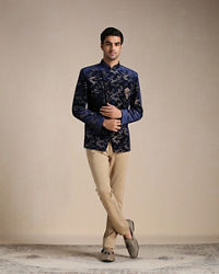 Manyavar Men Neon Navy Blue Botanical Print Indo Western Set