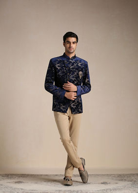 alt message - Manyavar Men Neon Navy Blue Botanical Print Indo Western Set image number 1