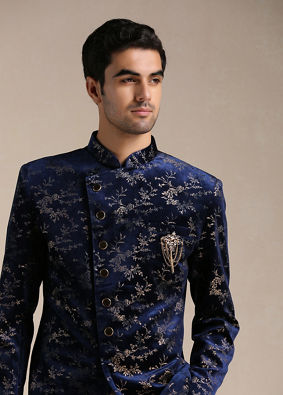 alt message - Manyavar Men Neon Navy Blue Botanical Print Indo Western Set image number 0