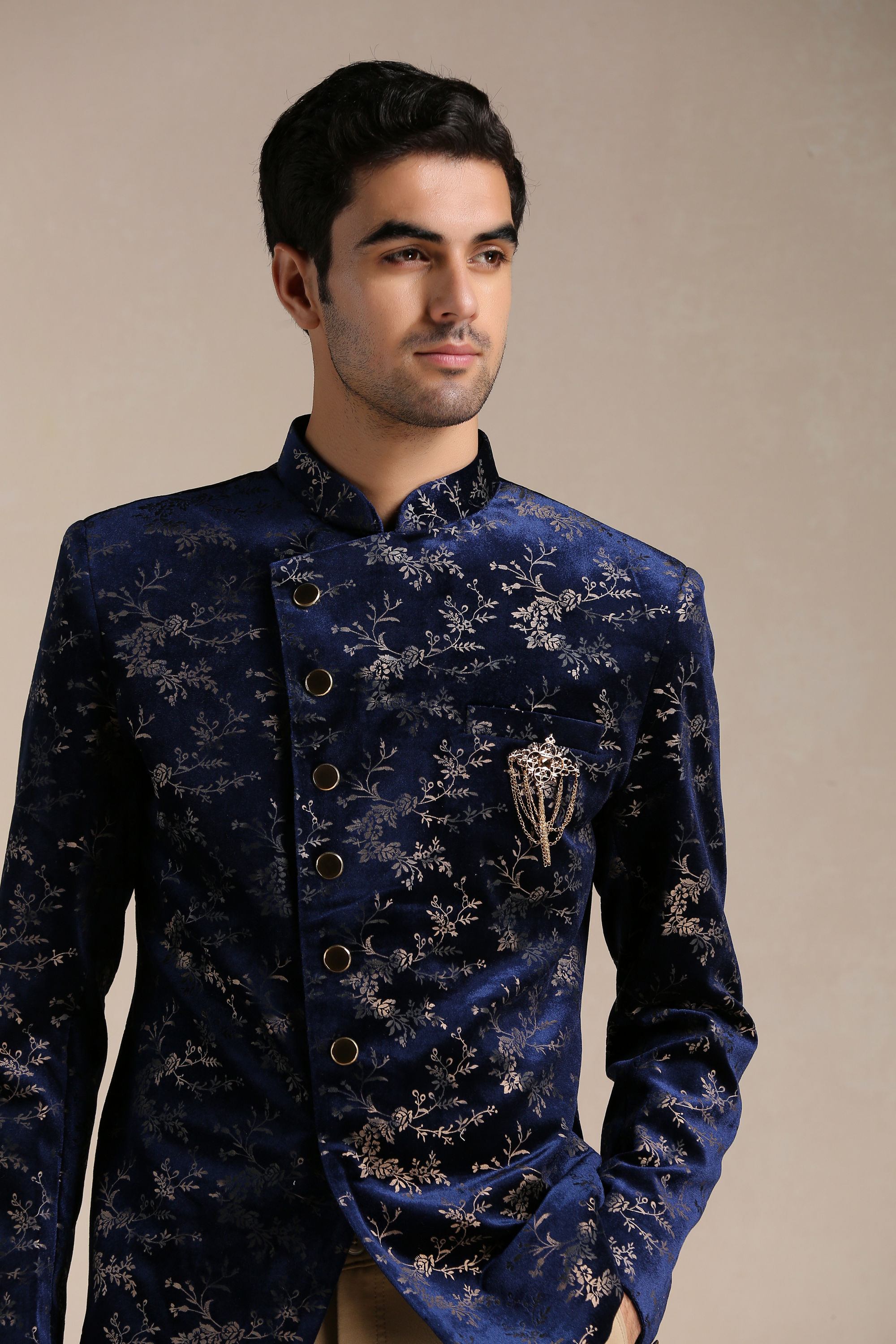 Manyavar Men Neon Navy Blue Botanical Print Indo Western Set