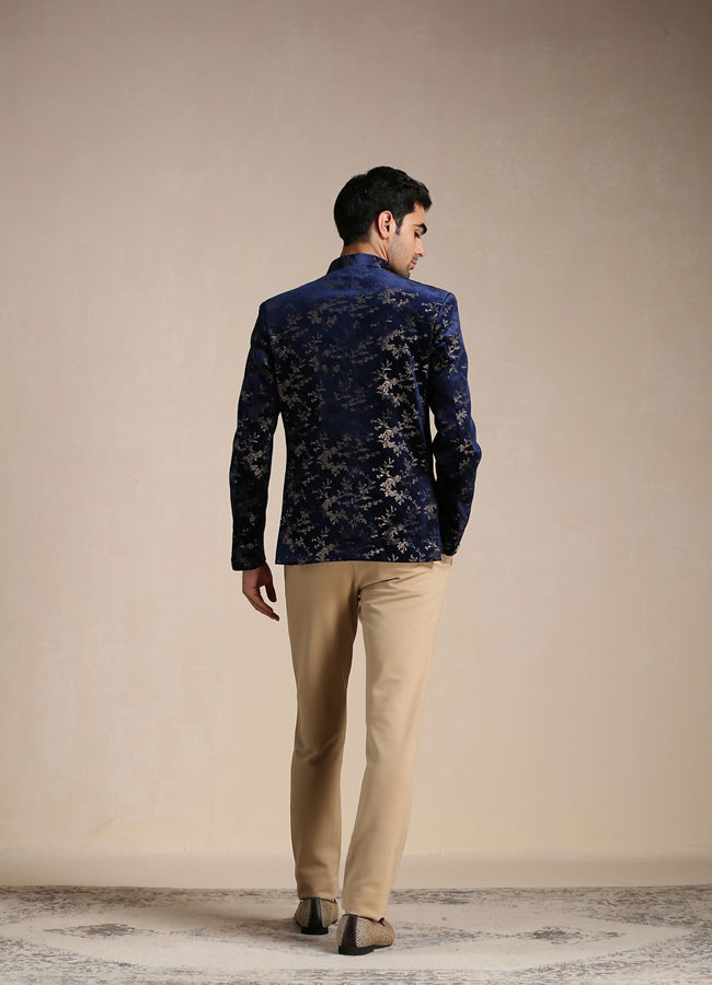 Manyavar Men Neon Navy Blue Botanical Print Indo Western Set