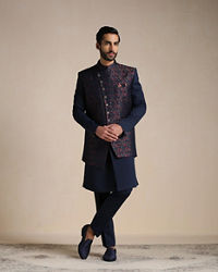 Manyavar Men Alluring Blue Indo Western Set