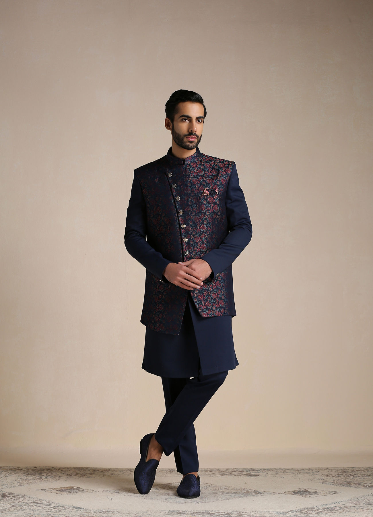 Manyavar Men Alluring Blue Indo Western Set