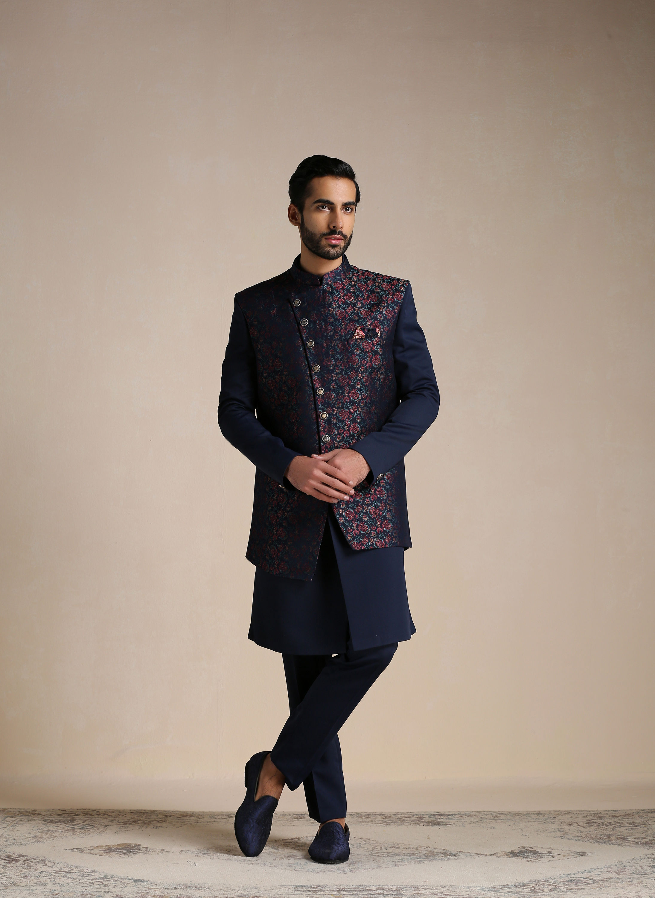 Manyavar Men Alluring Blue Indo Western Set