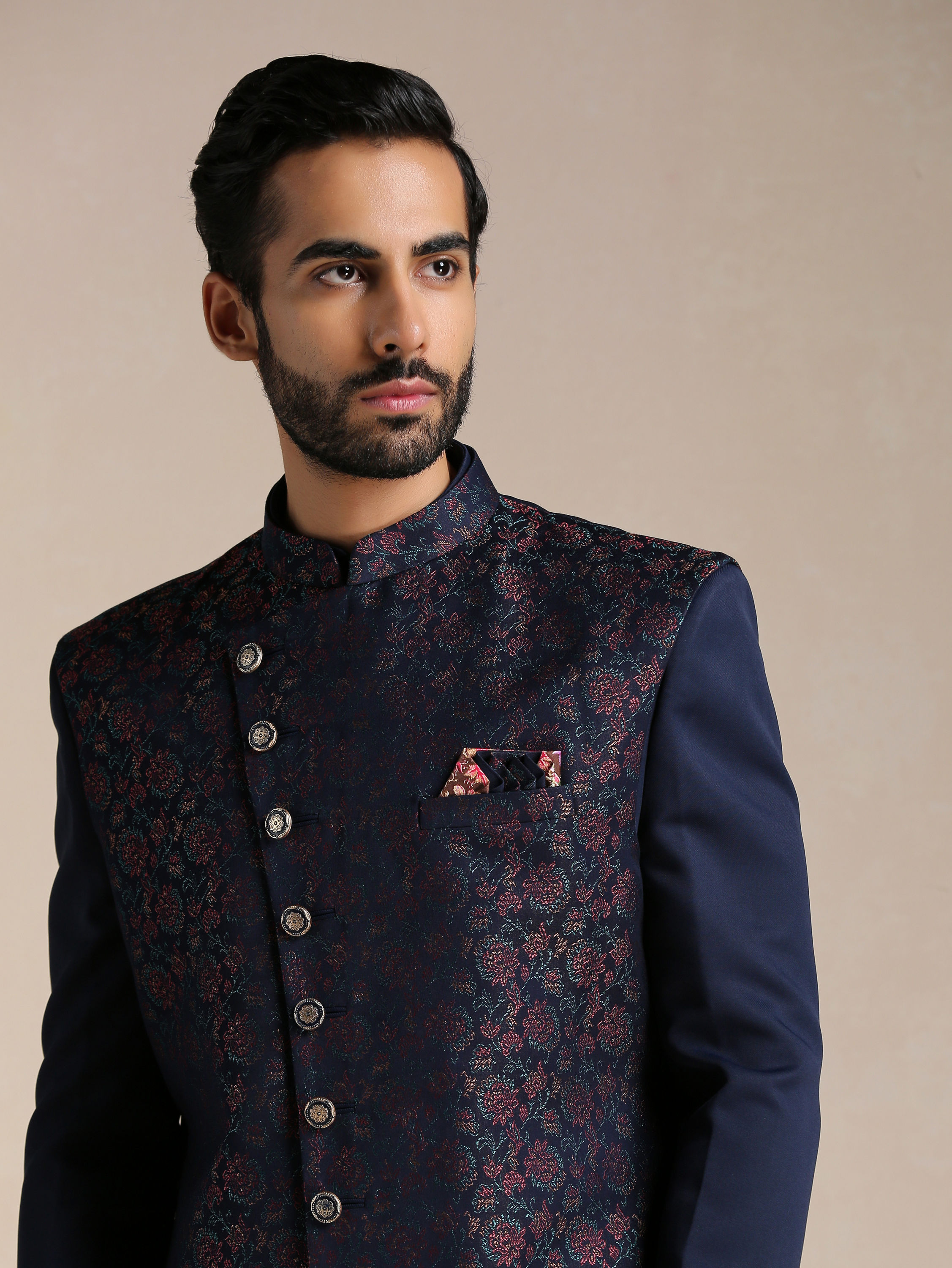 Manyavar Men Alluring Blue Indo Western Set