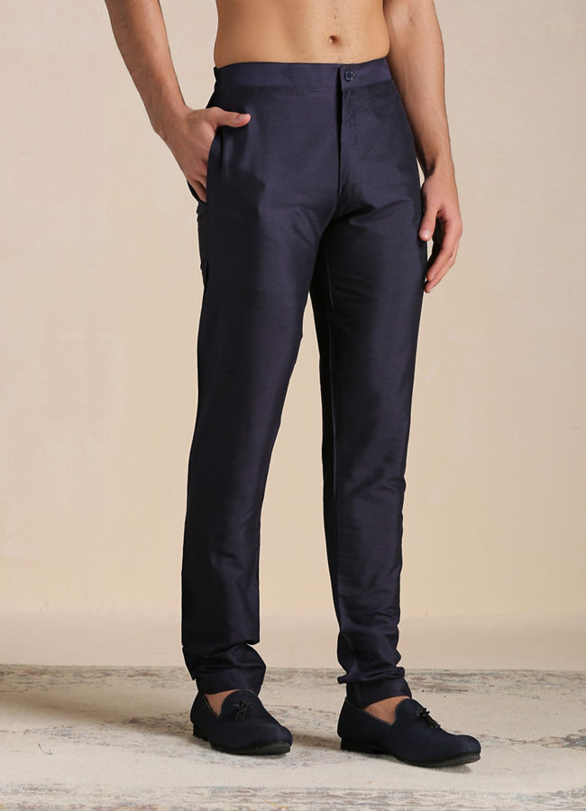 Manyavar Men Dark Night Blue Self Patterned Indo Western Set
