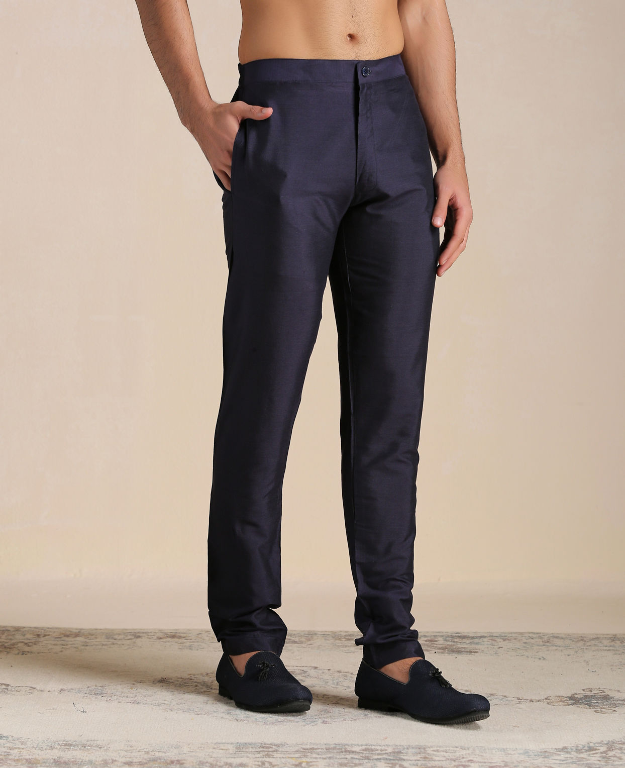 Manyavar Men Dark Night Blue Self Patterned Indo Western Set