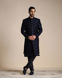 Manyavar Men Dark Night Blue Self Patterned Indo Western Set