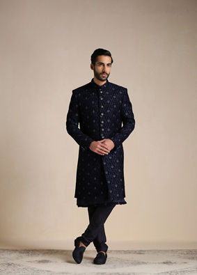 Dark Night Blue Self Patterned Indo Western Set image number 1