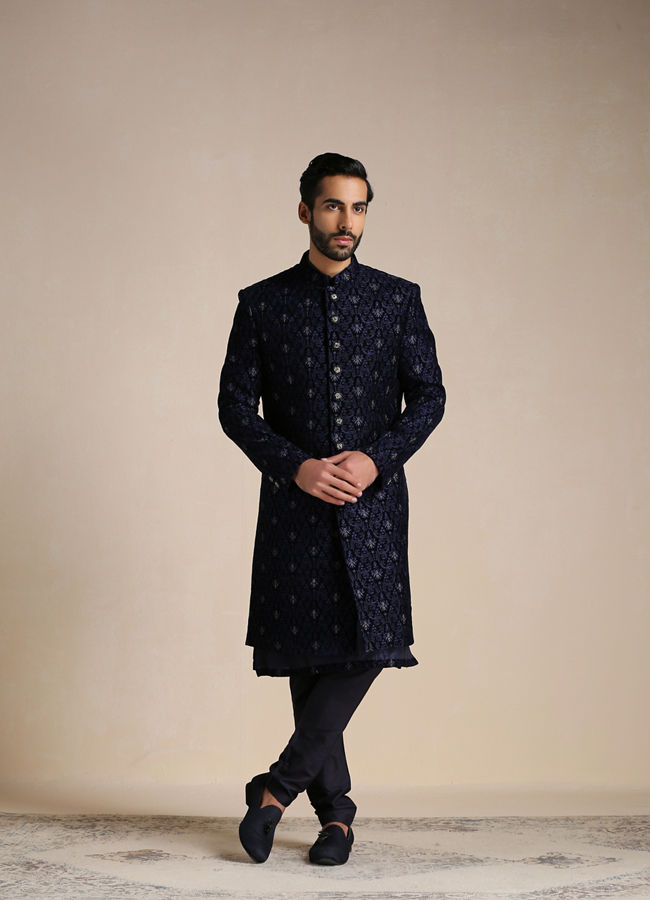 Dark Night Blue Self Patterned Indo Western Set image number 1