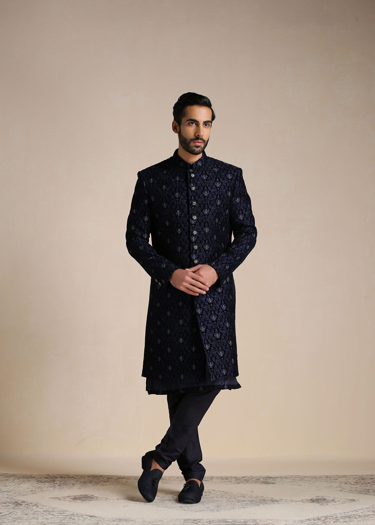 Manyavar Men Dark Night Blue Self Patterned Indo Western Set