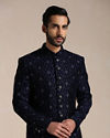 Manyavar Men Dark Night Blue Self Patterned Indo Western Set