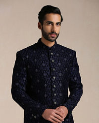 Manyavar Men Dark Night Blue Self Patterned Indo Western Set