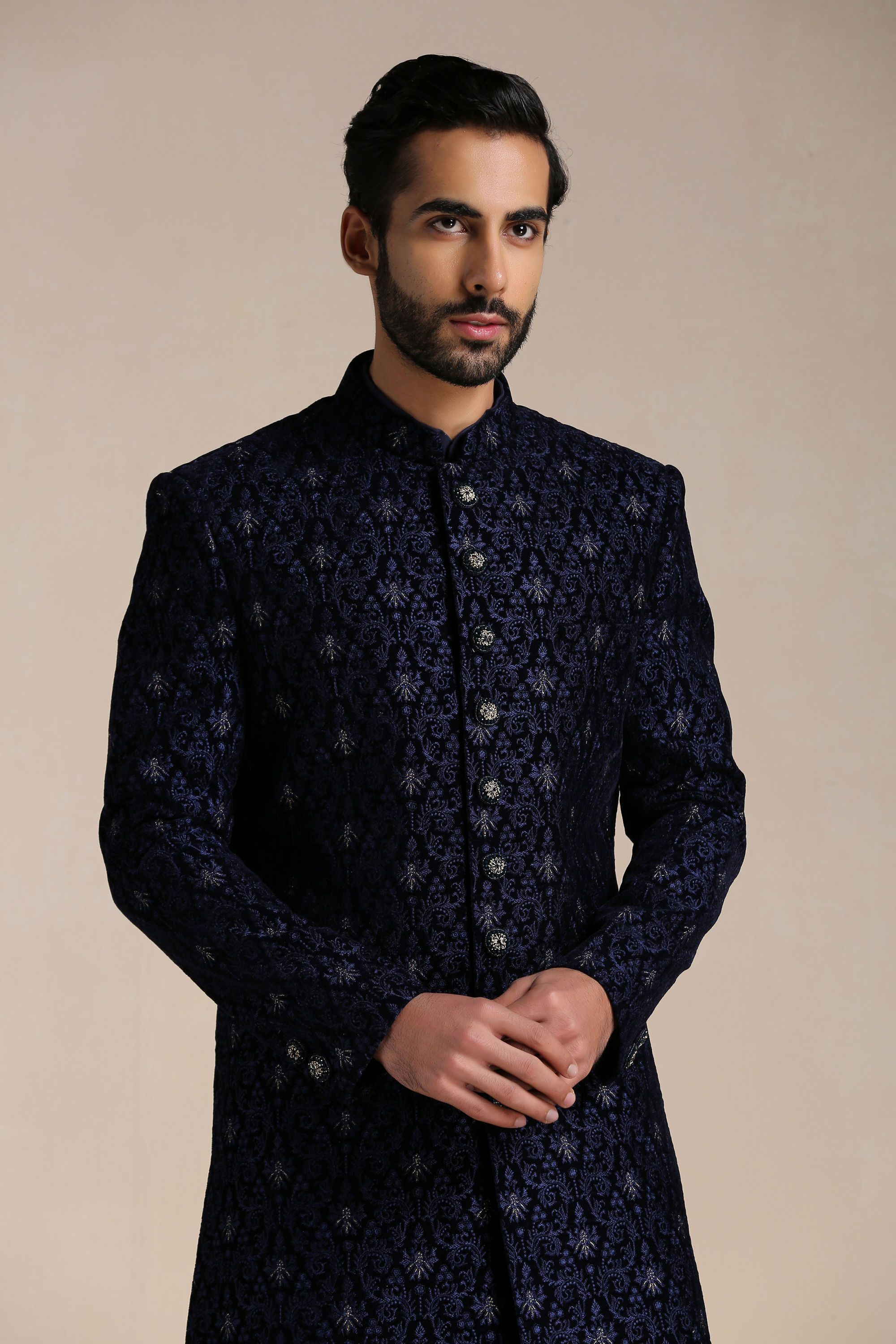 Manyavar Men Dark Night Blue Self Patterned Indo Western Set