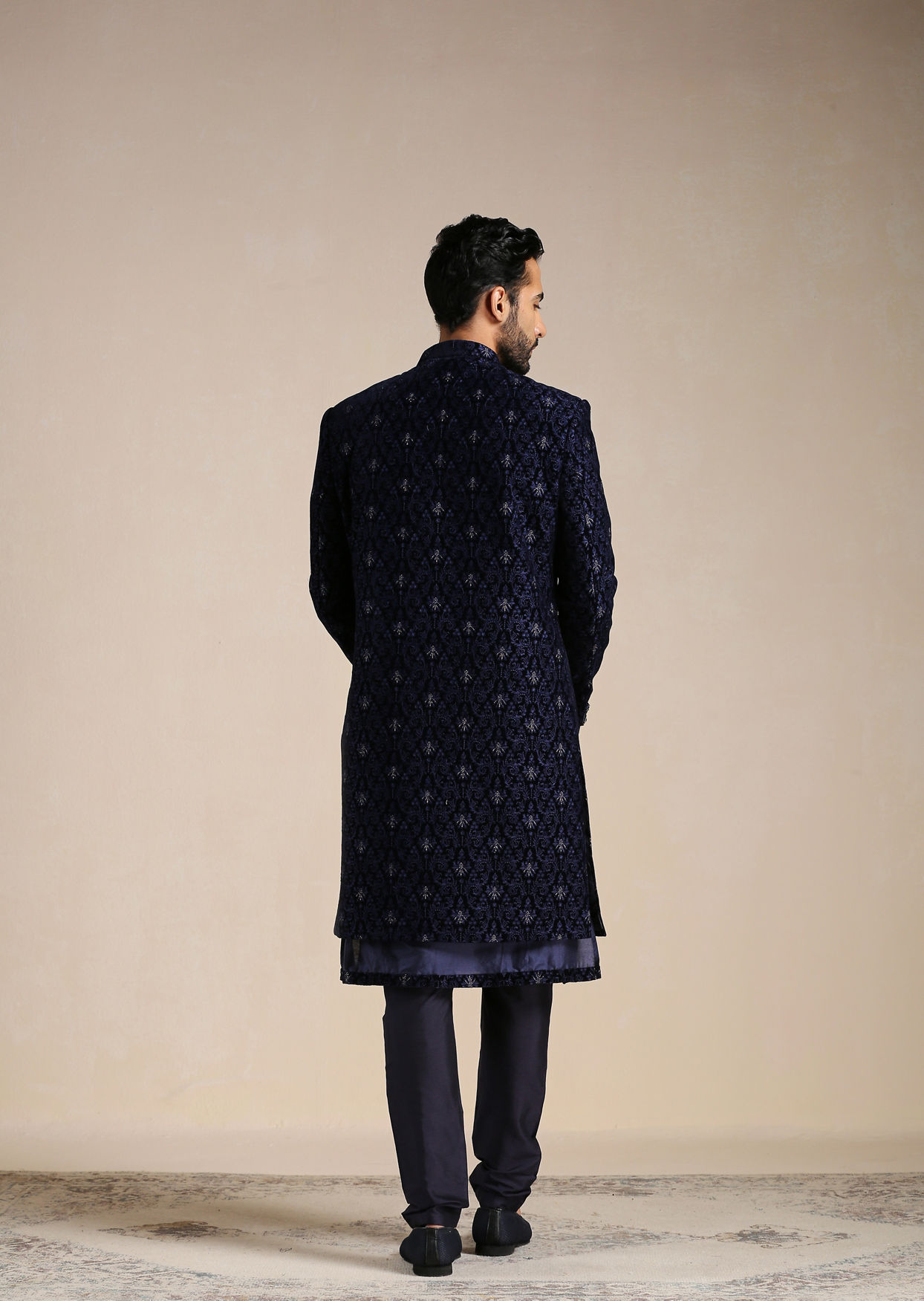 Manyavar Men Dark Night Blue Self Patterned Indo Western Set