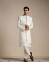 Manyavar Men Cream Herringbone Patterned Indo Western Set