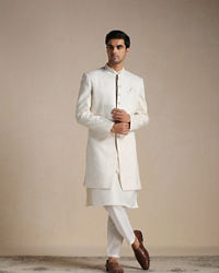Manyavar Men Cream Herringbone Patterned Indo Western Set