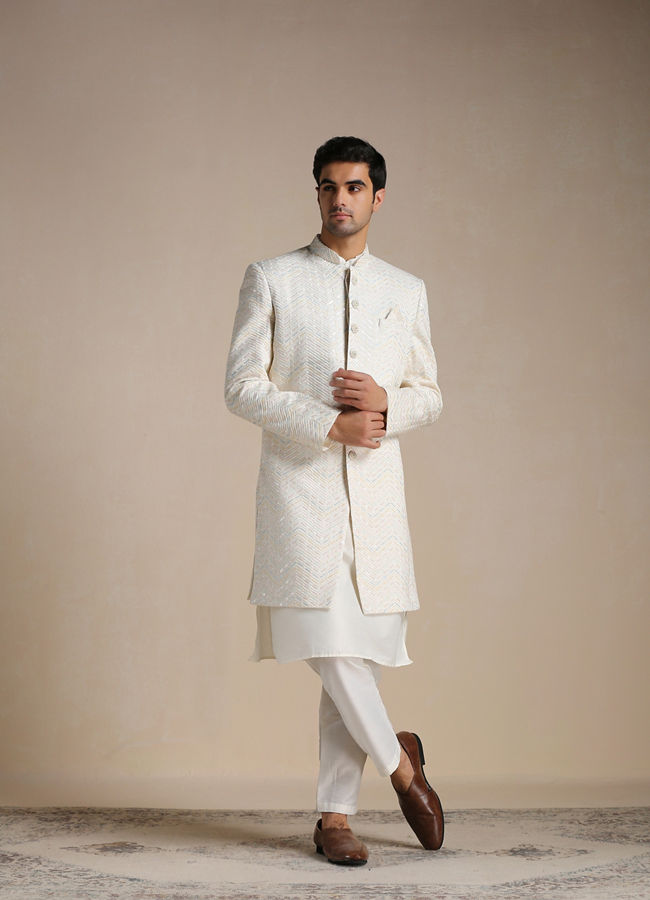 Manyavar Men Cream Herringbone Patterned Indo Western Set