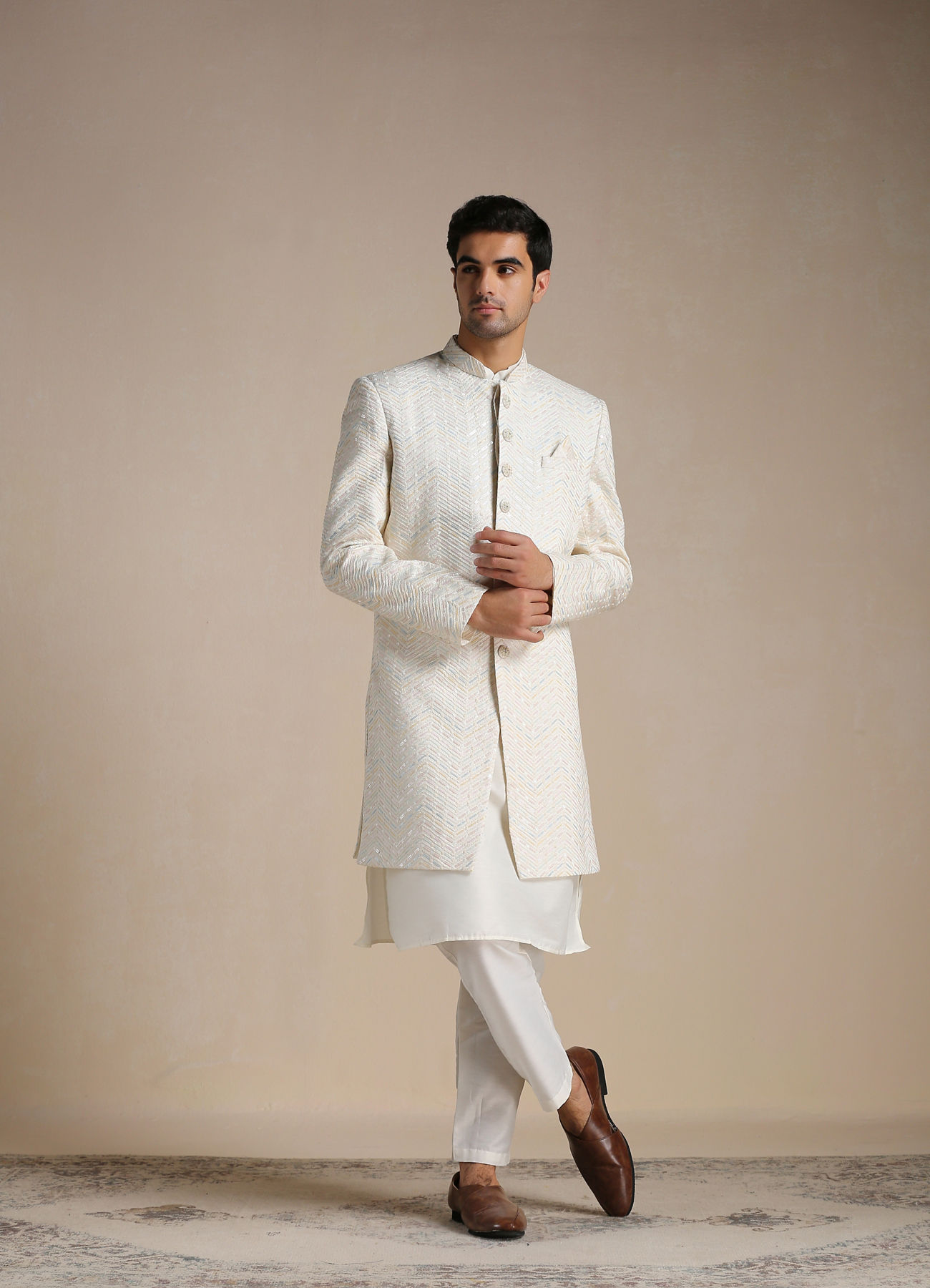 Manyavar Men Cream Herringbone Patterned Indo Western Set