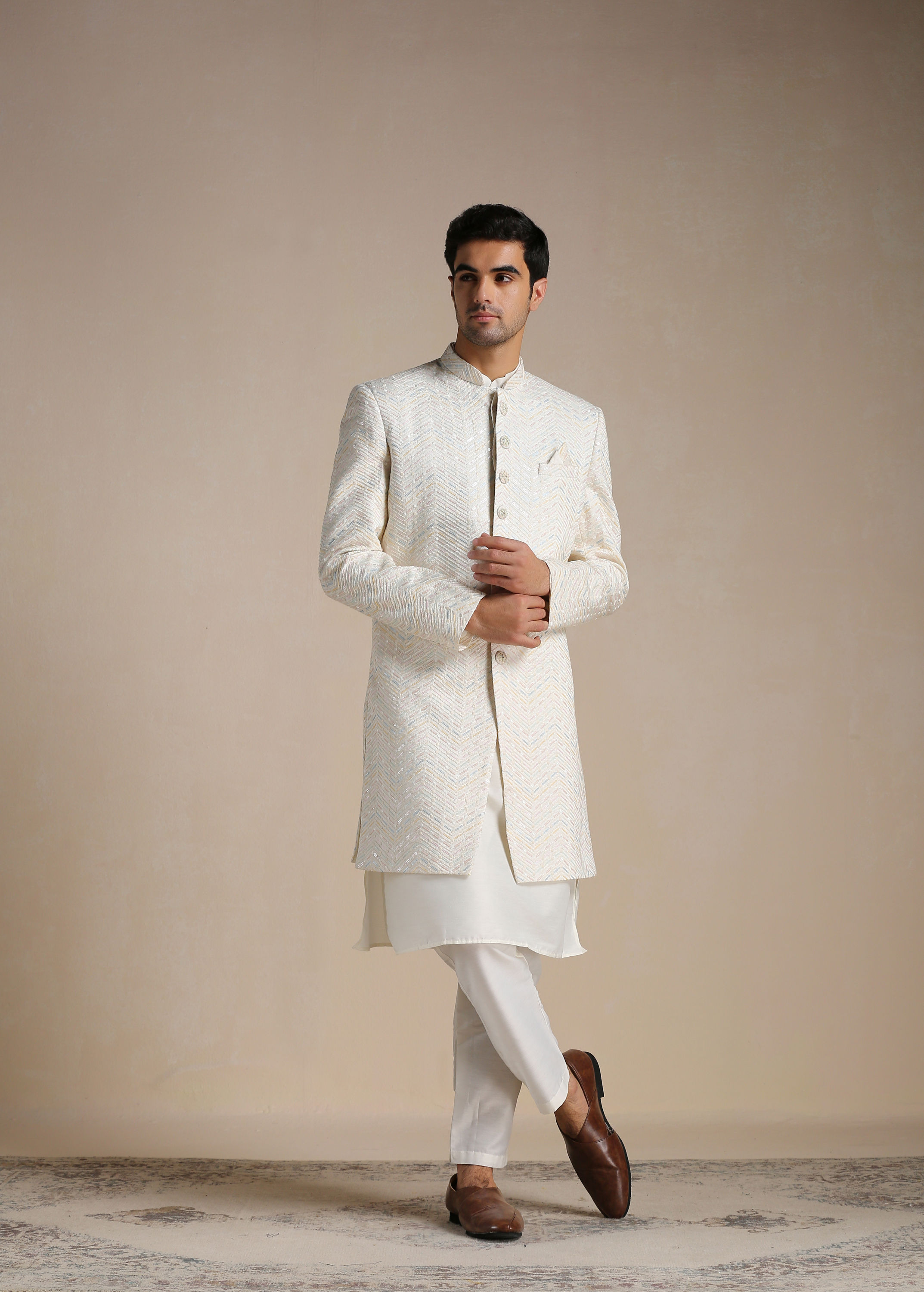 Manyavar Men Cream Herringbone Patterned Indo Western Set