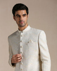 Manyavar Men Cream Herringbone Patterned Indo Western Set