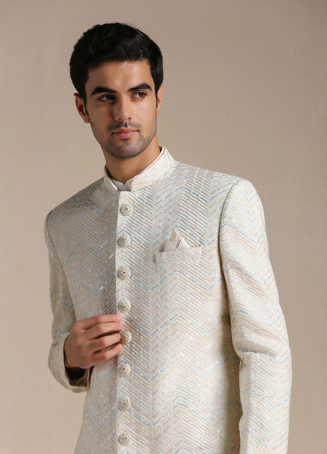 alt message - Manyavar Men Cream Herringbone Patterned Indo Western Set image number 0