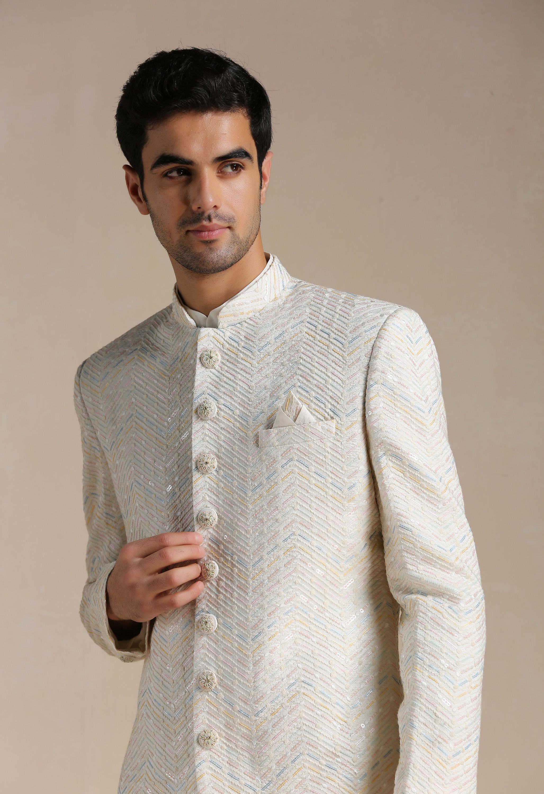 Manyavar Men Cream Herringbone Patterned Indo Western Set