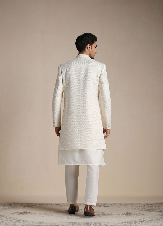 Manyavar Men Cream Herringbone Patterned Indo Western Set
