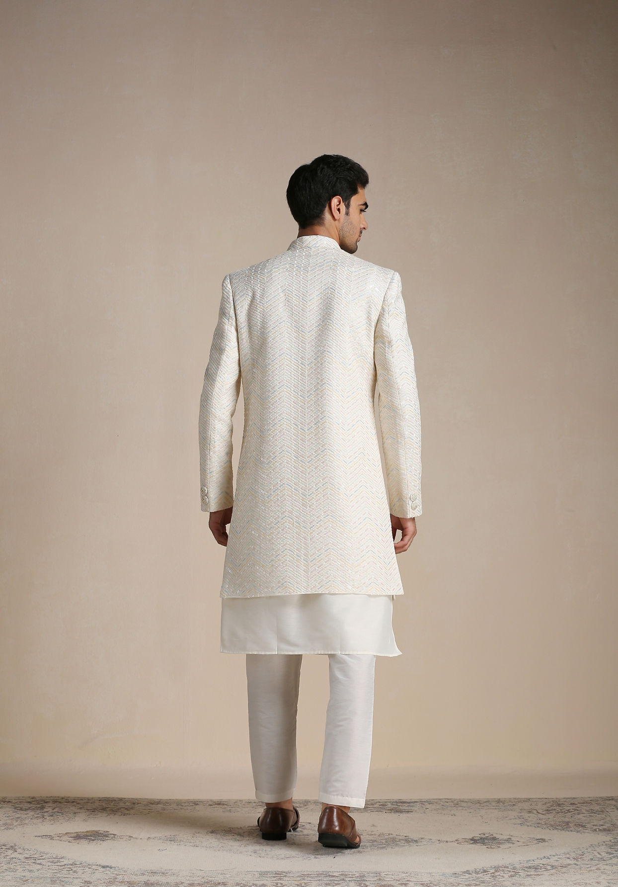 Manyavar Men Cream Herringbone Patterned Indo Western Set